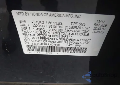 2018 Acura Mdx Advance Pkg из США, поврежденный, VIN 5J8YD4H87JL007568